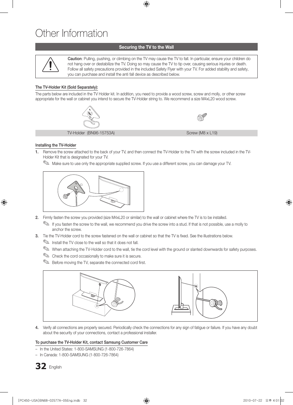 Securing the tv to the wall, Other information | Samsung PN50C450B1DXZA User Manual | Page 32 / 38