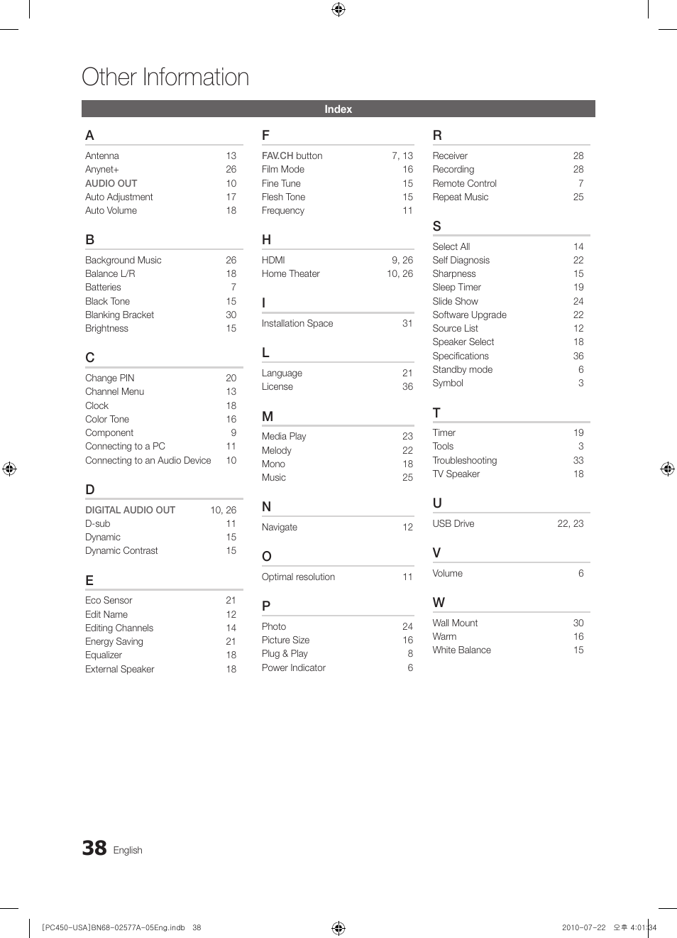 Index, Dimensions, Other information | Samsung PN50C450B1DXZA User Manual | Page 38 / 38