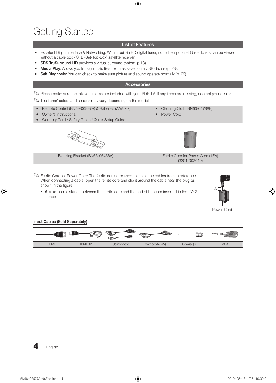 Getting started, List of features, Accessories | Samsung PN50C450B1DXZA User Manual | Page 4 / 38