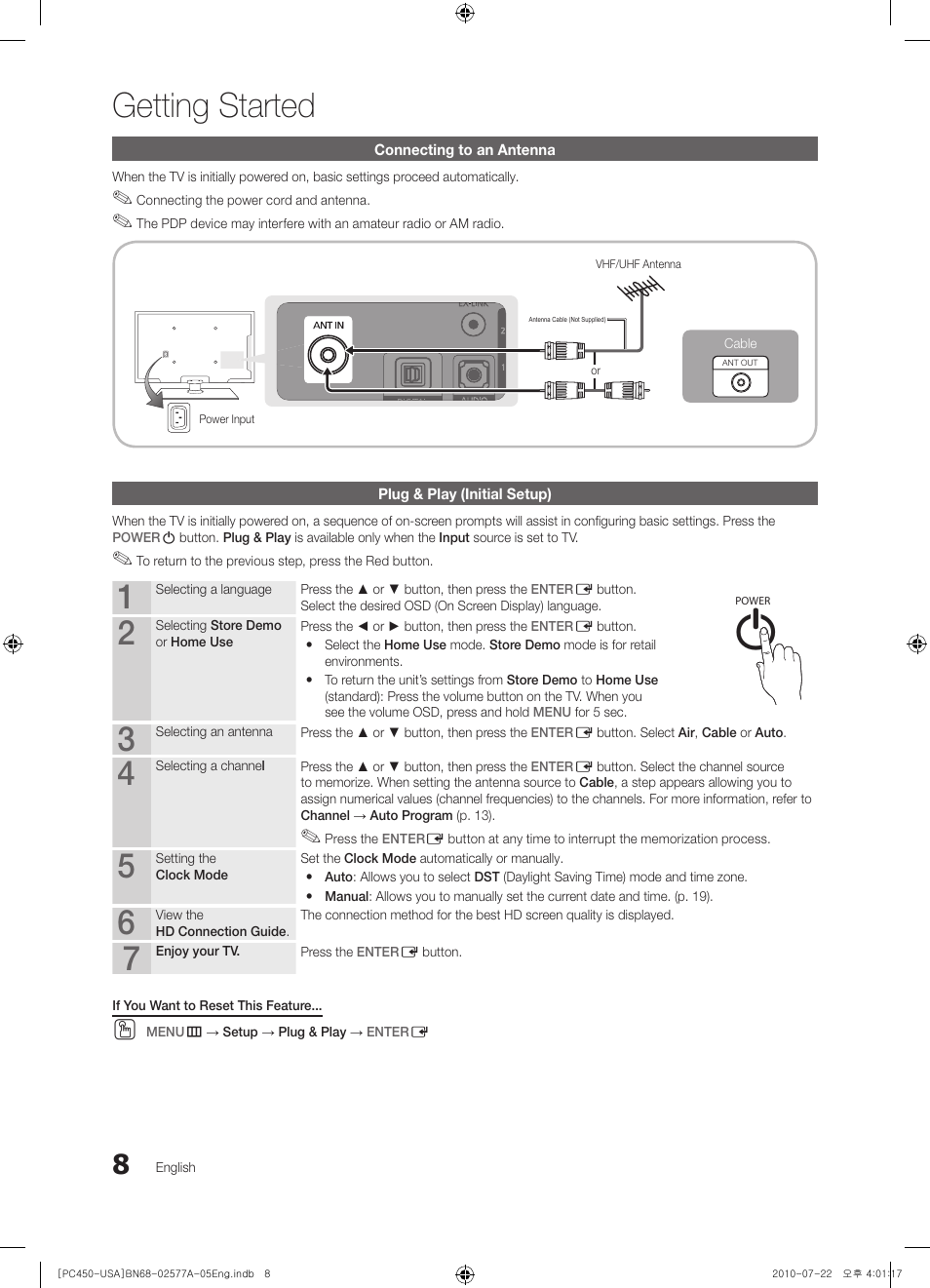 Connecting to an antenna, Plug & play (initial setup), Getting started | Samsung PN50C450B1DXZA User Manual | Page 8 / 38