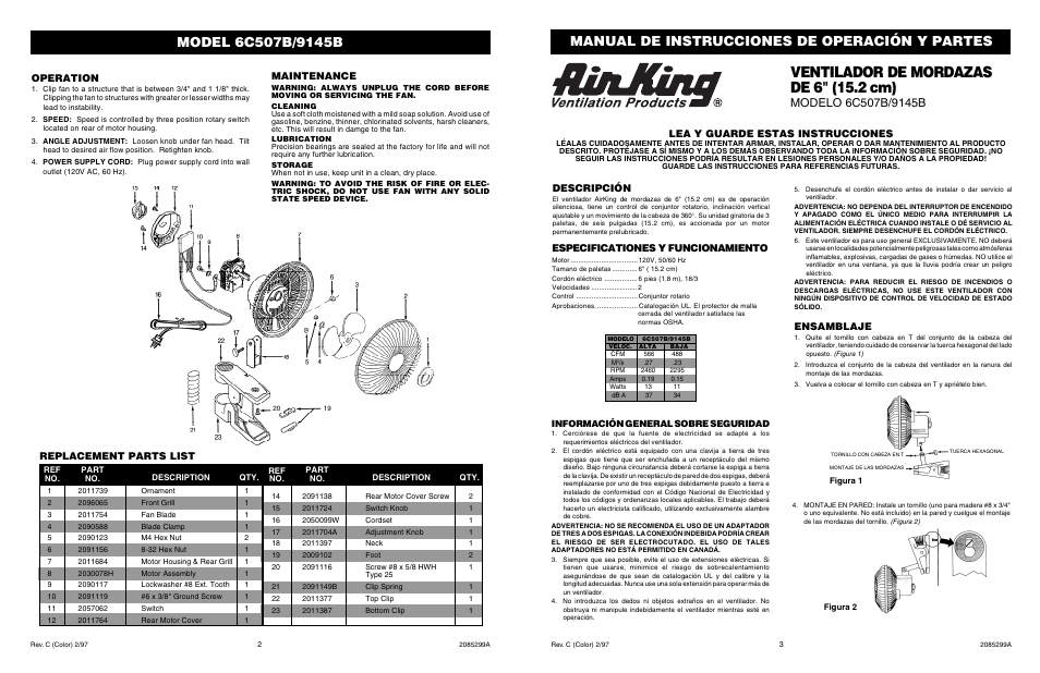 Ventilador de mordazas de 6" (15.2 cm), Manual de instrucciones de operación y partes, Operation | Maintenance, Replacement parts list, Descripción, Lea y guarde estas instrucciones, Ensamblaje, Especificationes y funcionamiento | Air King 6C507B/9145B User Manual | Page 2 / 2