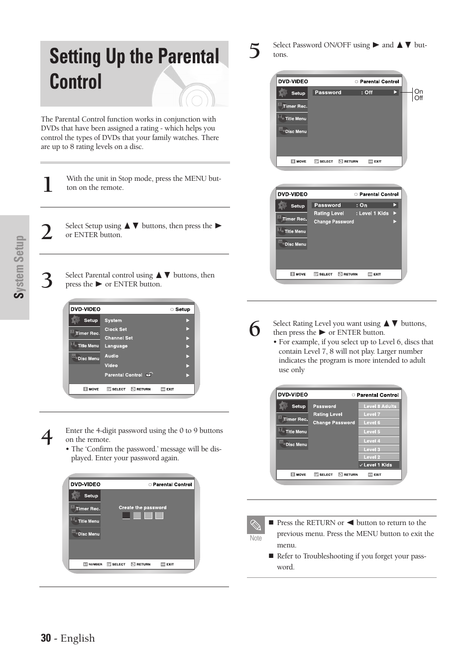 Setting up the parental control, System setup | Samsung DVD-VR300-XAA User Manual | Page 30 / 97