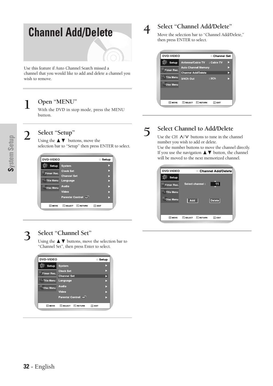 Channel add/delete, System setup | Samsung DVD-VR300-XAA User Manual | Page 32 / 97