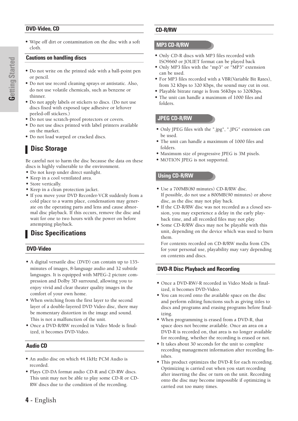 Getting started, 4 - english, Disc storage disc specifications | Samsung DVD-VR300-XAA User Manual | Page 4 / 97