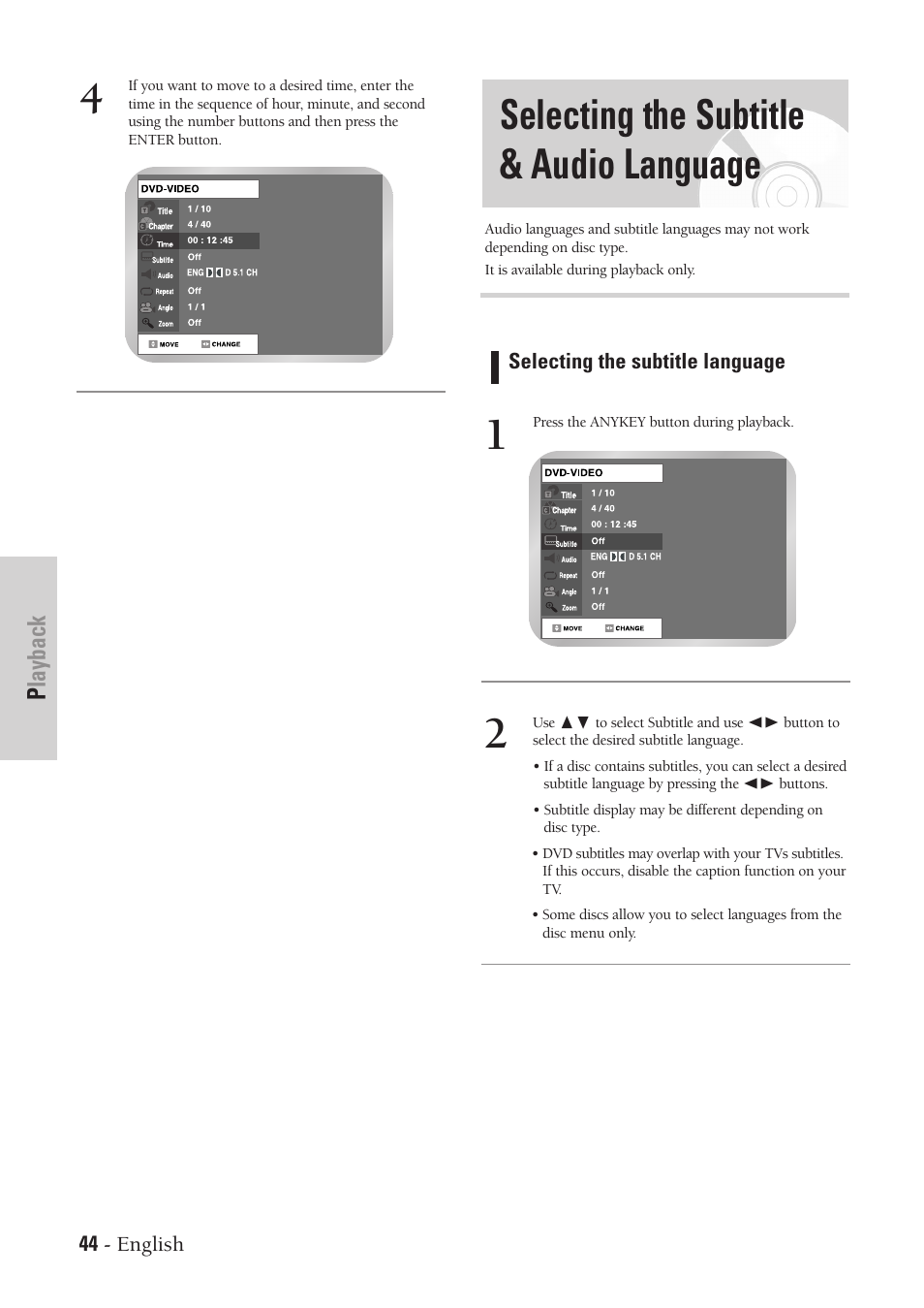 Selecting the subtitle & audio language, Playback | Samsung DVD-VR300-XAA User Manual | Page 44 / 97