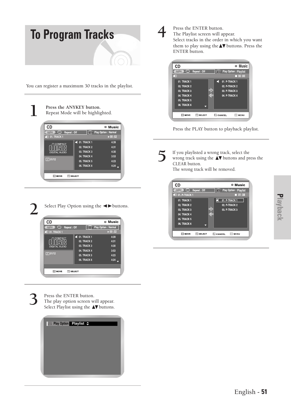 To program tracks, Playback, English - 51 | Samsung DVD-VR300-XAA User Manual | Page 51 / 97