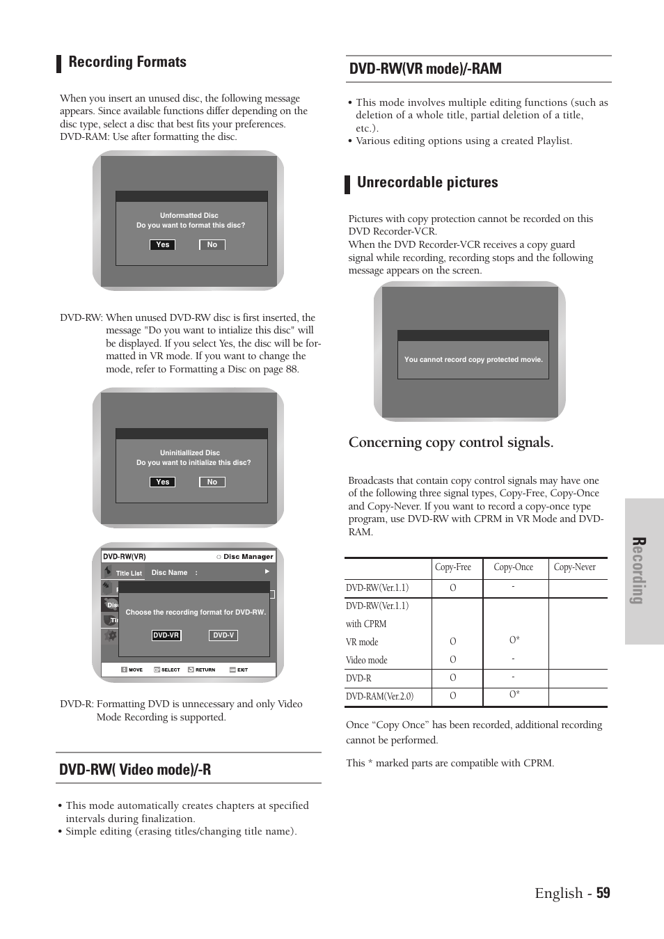 Recording, English - 59 recording formats, Unrecordable pictures | Concerning copy control signals, Dvd-rw( video mode)/-r, Dvd-rw(vr mode)/-ram | Samsung DVD-VR300-XAA User Manual | Page 59 / 97