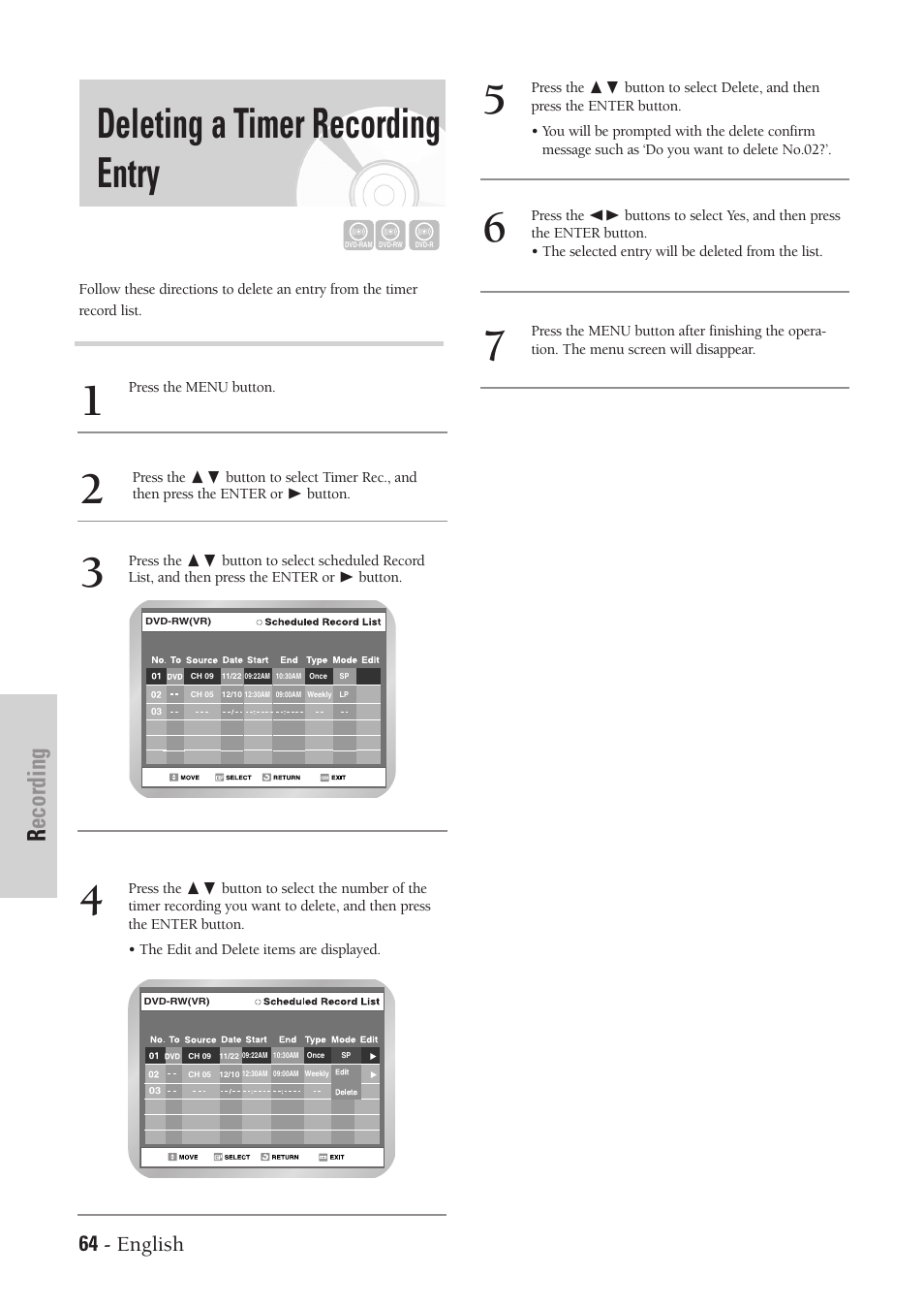 Deleting a timer recording entry, Recording, 64 - english | Samsung DVD-VR300-XAA User Manual | Page 64 / 97