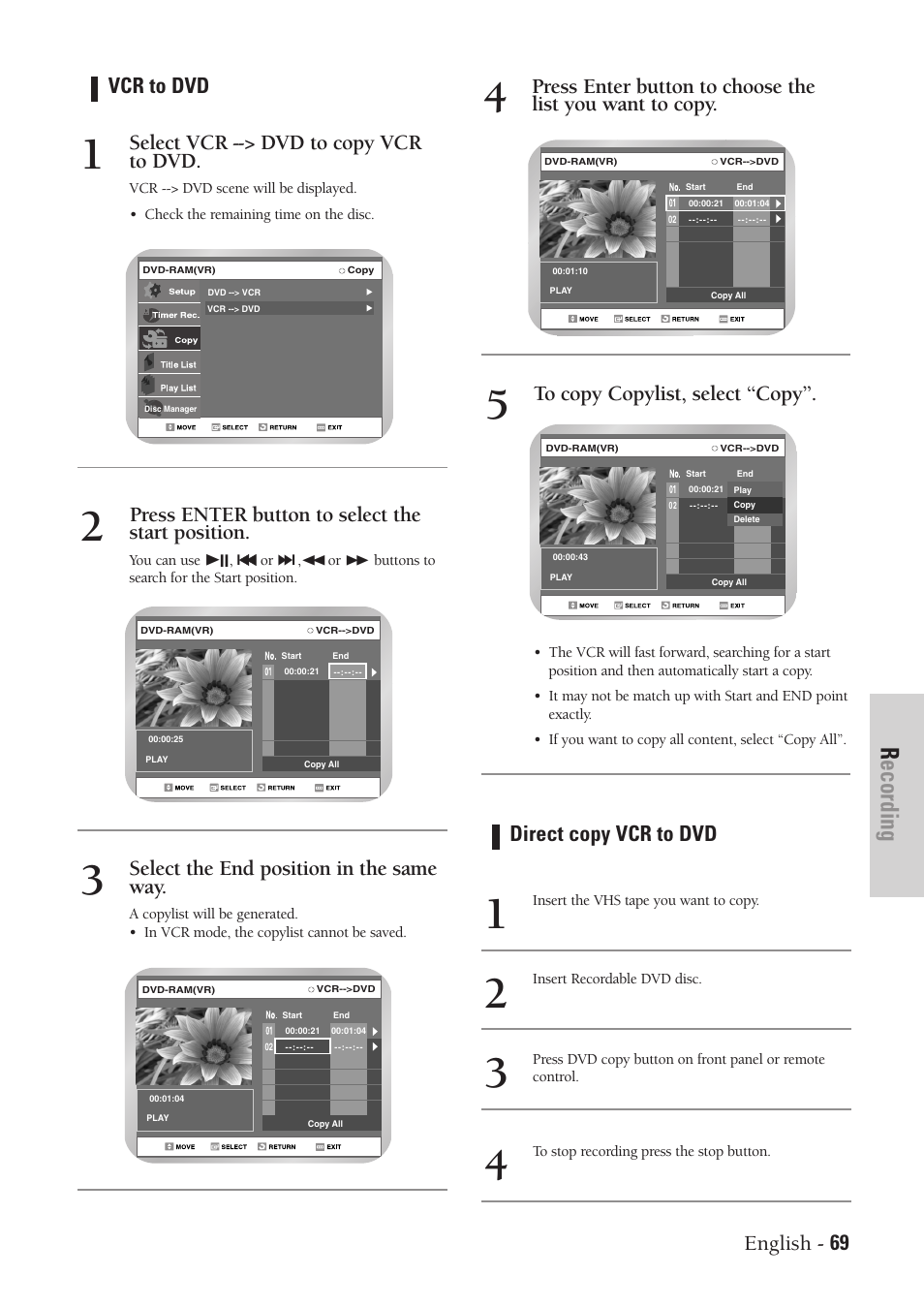 Recording, Select the end position in the same way, Vcr to dvd select vcr --> dvd to copy vcr to dvd | Direct copy vcr to dvd | Samsung DVD-VR300-XAA User Manual | Page 69 / 97