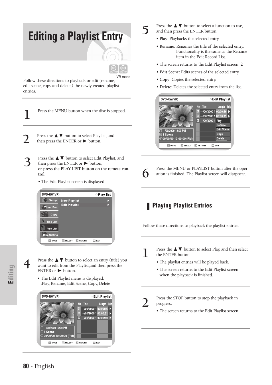 Editing a playlist entry, Editing | Samsung DVD-VR300-XAA User Manual | Page 80 / 97
