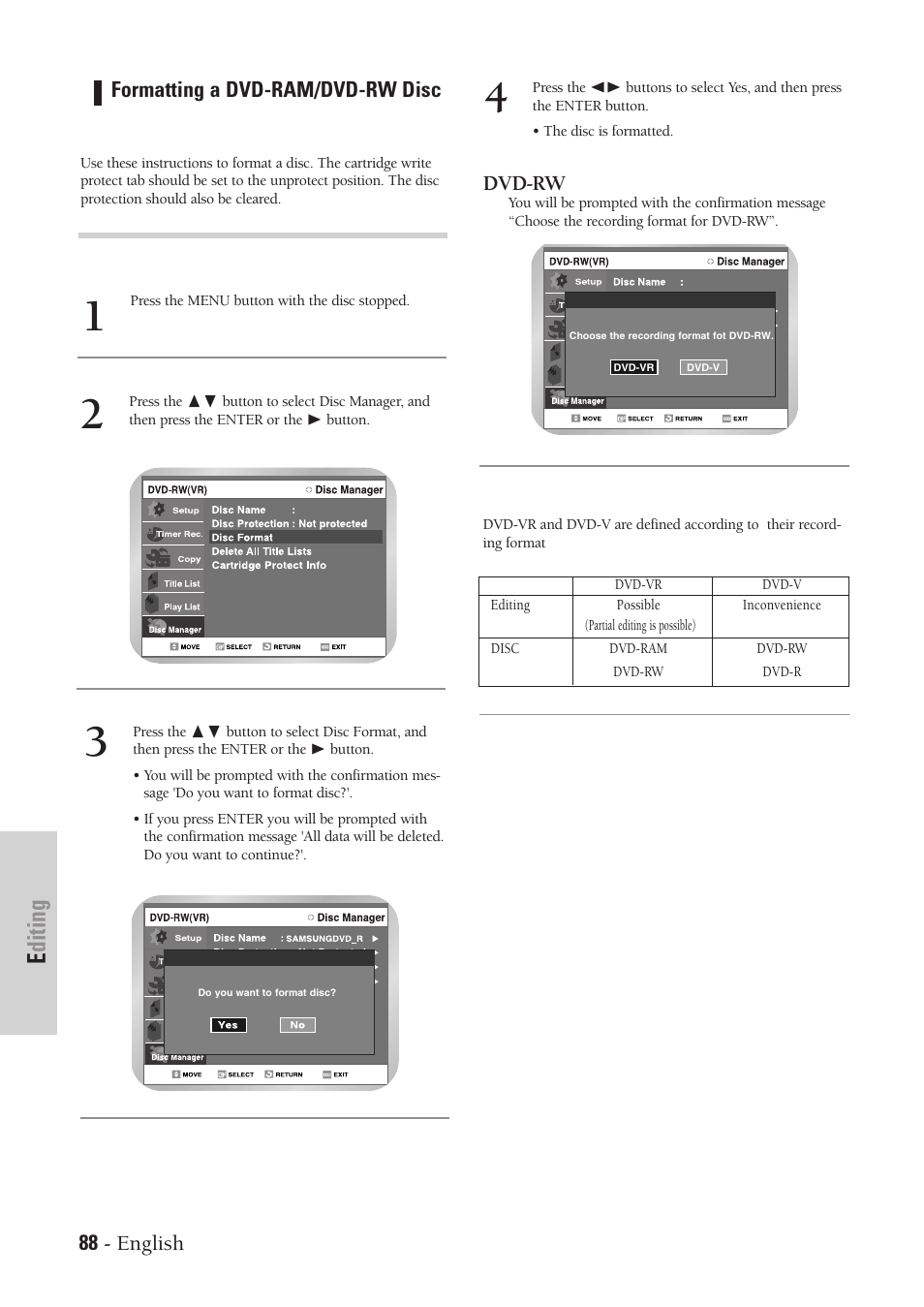 Editing, 88 - english, Dvd-rw | Formatting a dvd-ram/dvd-rw disc | Samsung DVD-VR300-XAA User Manual | Page 88 / 97