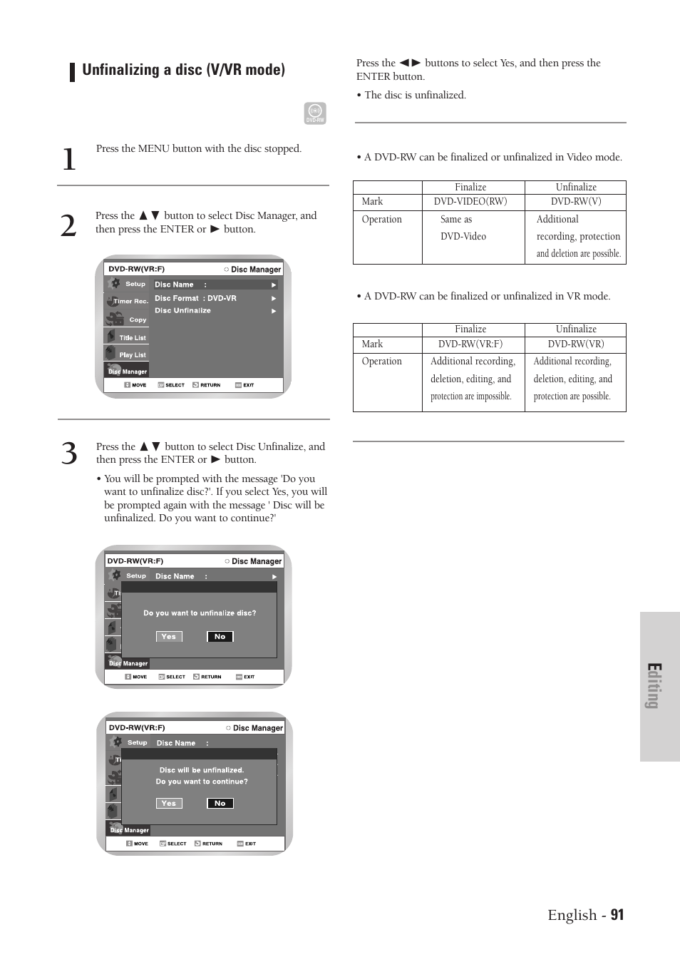 Editing, English - 91 unfinalizing a disc (v/vr mode) | Samsung DVD-VR300-XAA User Manual | Page 91 / 97