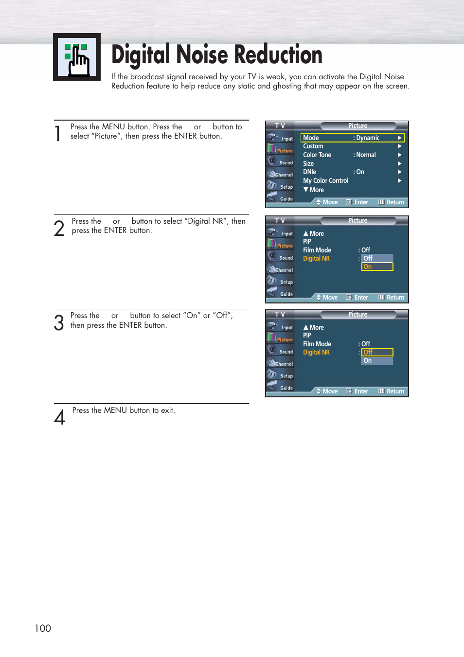 Digital noise reduction | Samsung HPP5581X-XAA User Manual | Page 100 / 128