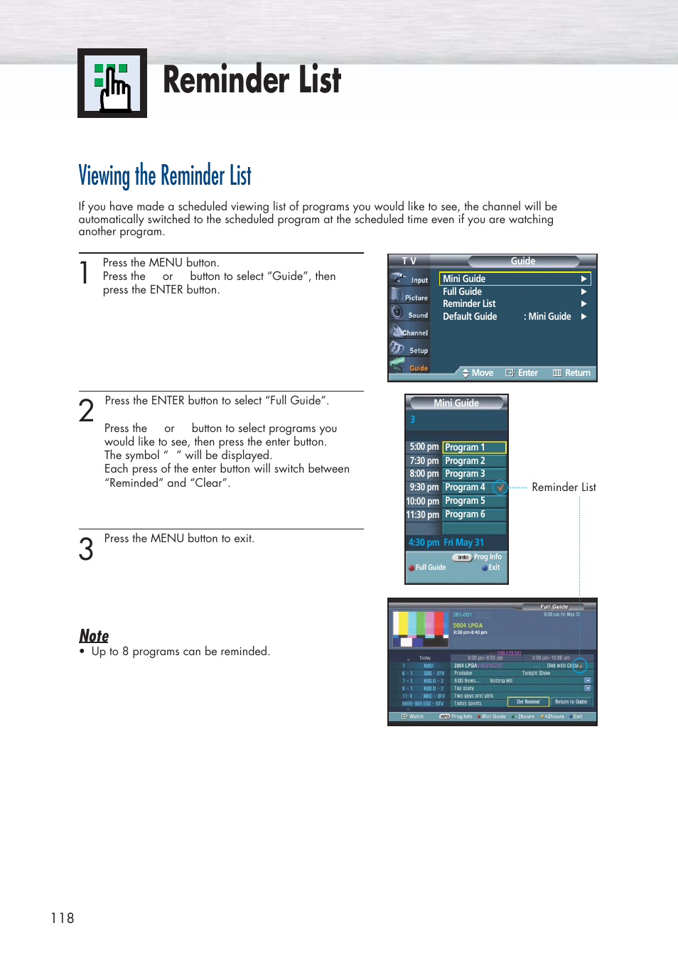Reminder list, Viewing the reminder list | Samsung HPP5581X-XAA User Manual | Page 118 / 128