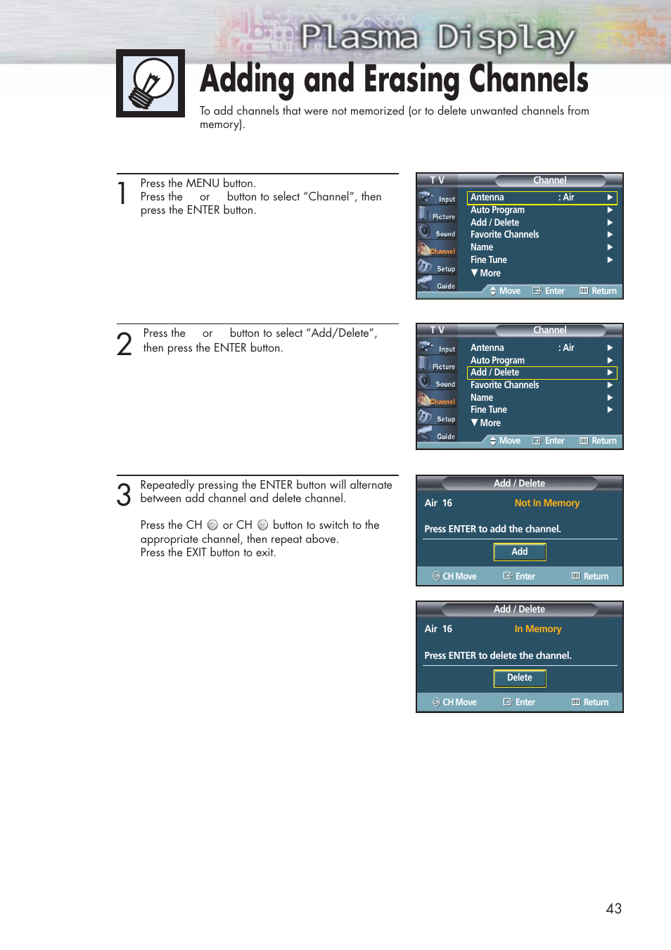 Adding and erasing channels | Samsung HPP5581X-XAA User Manual | Page 43 / 128