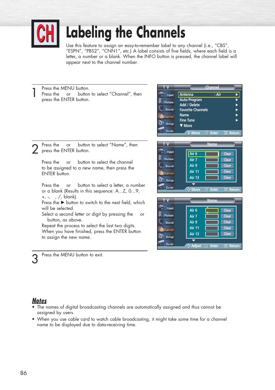 Labeling the channels | Samsung HPP5581X-XAA User Manual | Page 86 / 128