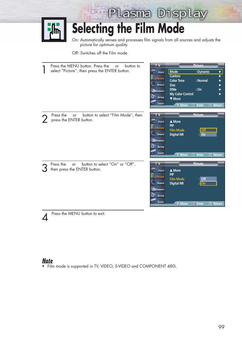 Selecting the film mode | Samsung HPP5581X-XAA User Manual | Page 99 / 128