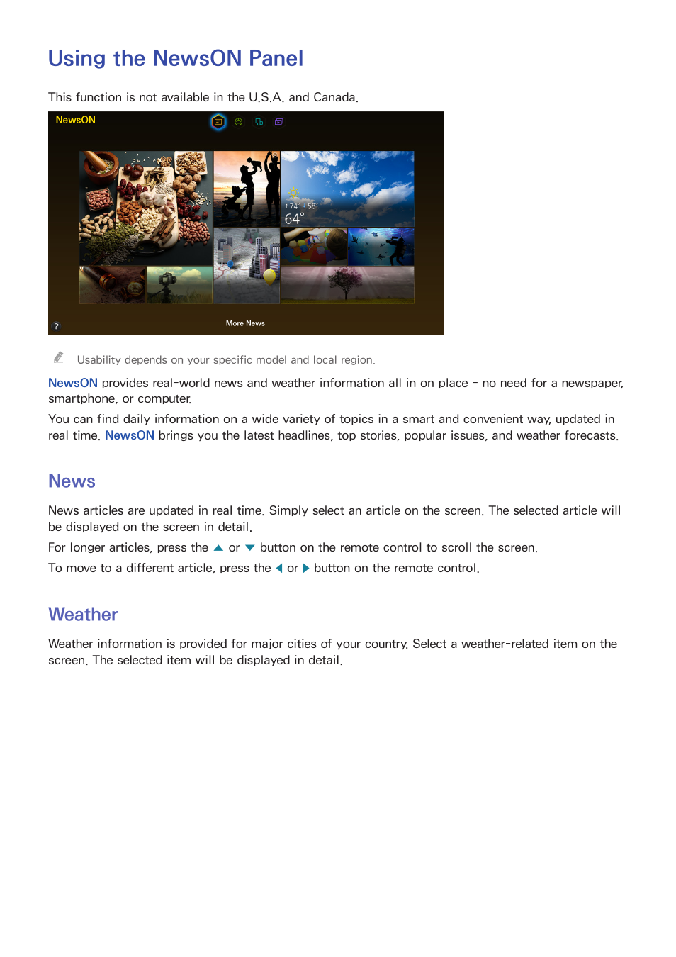 Using the newson panel, 98 news, 98 weather | News, Weather | Samsung UN55HU7200FXZA User Manual | Page 104 / 230