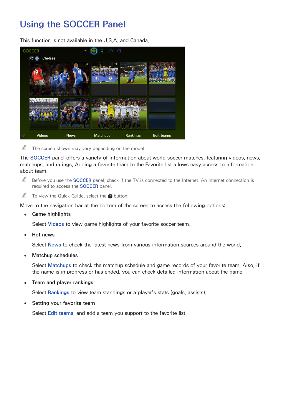 Using the soccer panel | Samsung UN55HU7200FXZA User Manual | Page 105 / 230