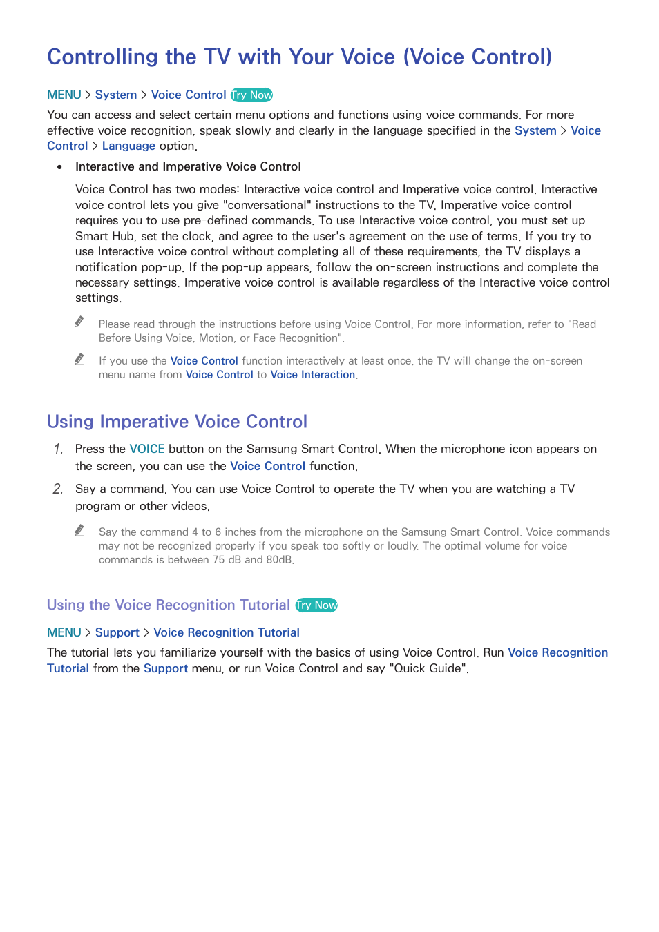 Controlling the tv with your voice (voice control), 101 using imperative voice control, Using imperative voice control | Samsung UN55HU7200FXZA User Manual | Page 107 / 230