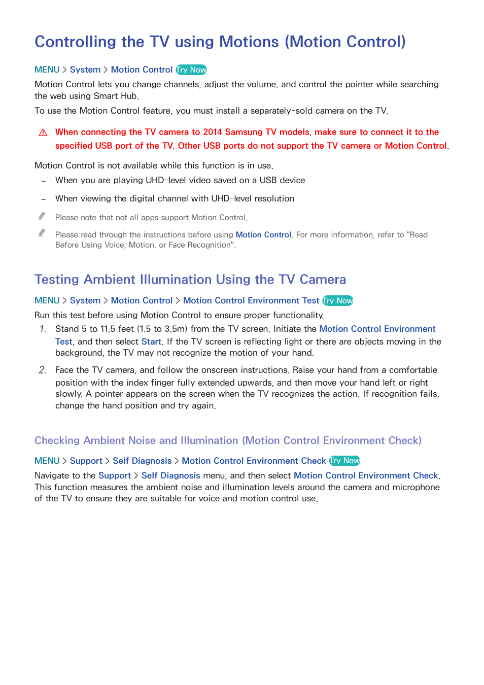 Controlling the tv using motions (motion control), Testing ambient illumination using the tv camera | Samsung UN55HU7200FXZA User Manual | Page 111 / 230
