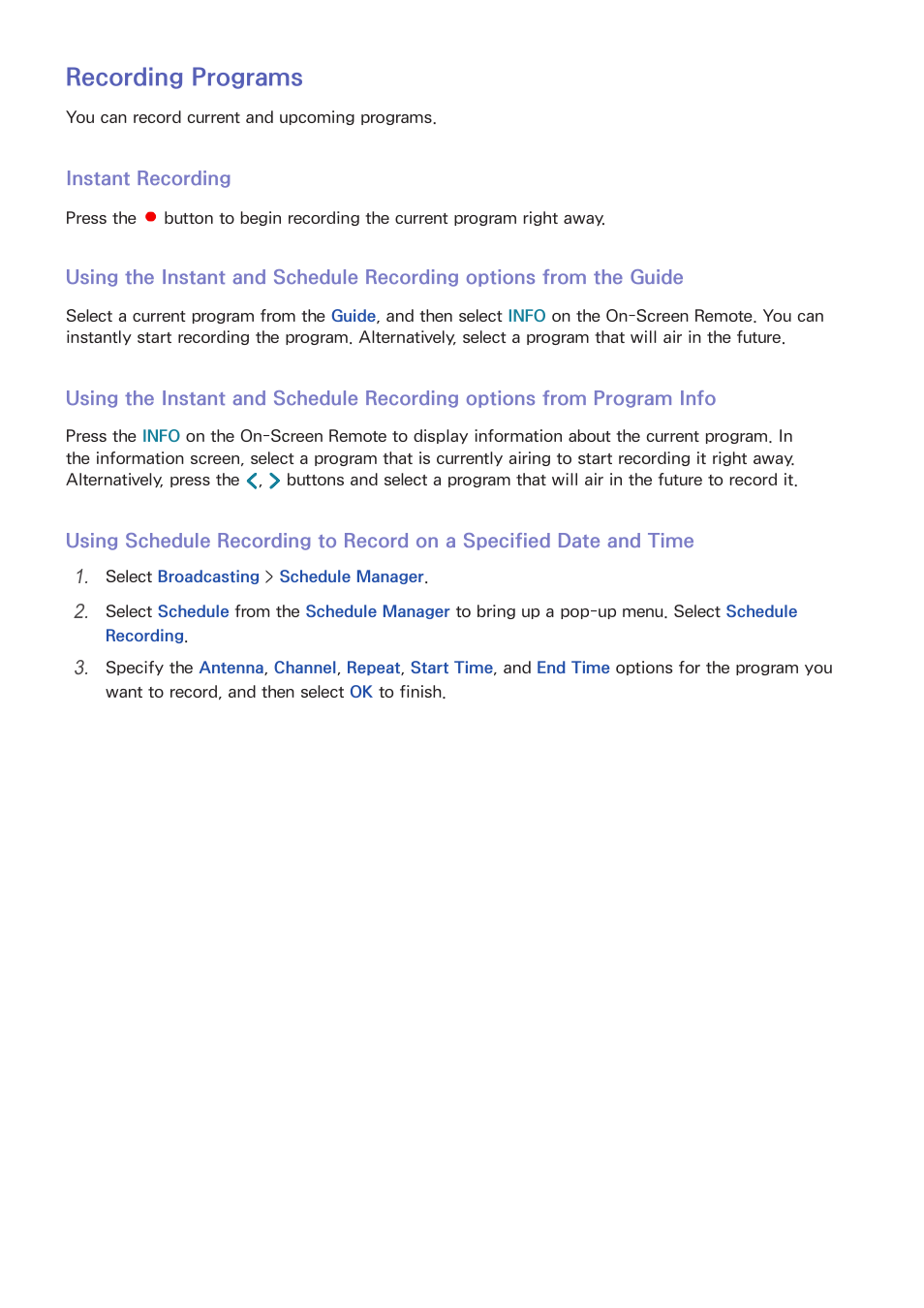 118 recording programs, Recording programs | Samsung UN55HU7200FXZA User Manual | Page 124 / 230