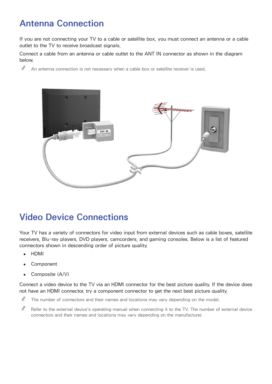 Connecting antenna and external devices, Antenna connection, Video device connections | Samsung UN55HU7200FXZA User Manual | Page 14 / 230