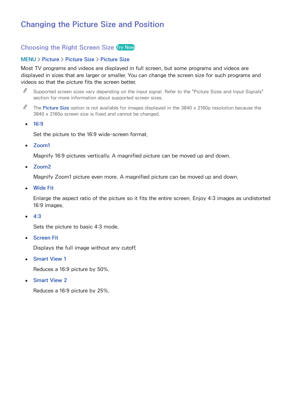 158 changing the picture size and position, Changing the picture size and position, Choosing the right screen size | Samsung UN55HU7200FXZA User Manual | Page 164 / 230