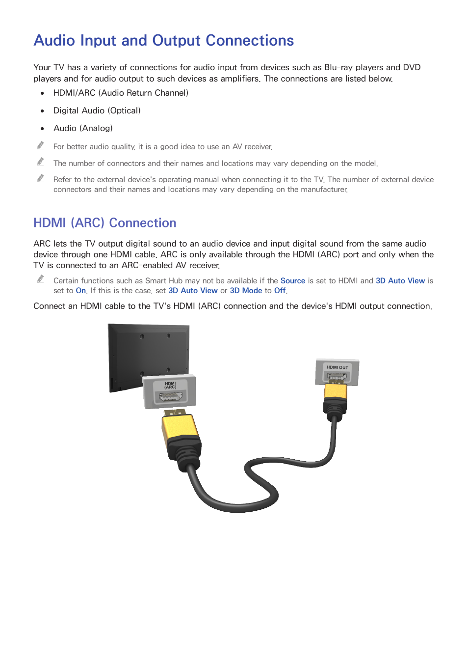 Audio input and output connections, Hdmi (arc) connection | Samsung UN55HU7200FXZA User Manual | Page 18 / 230