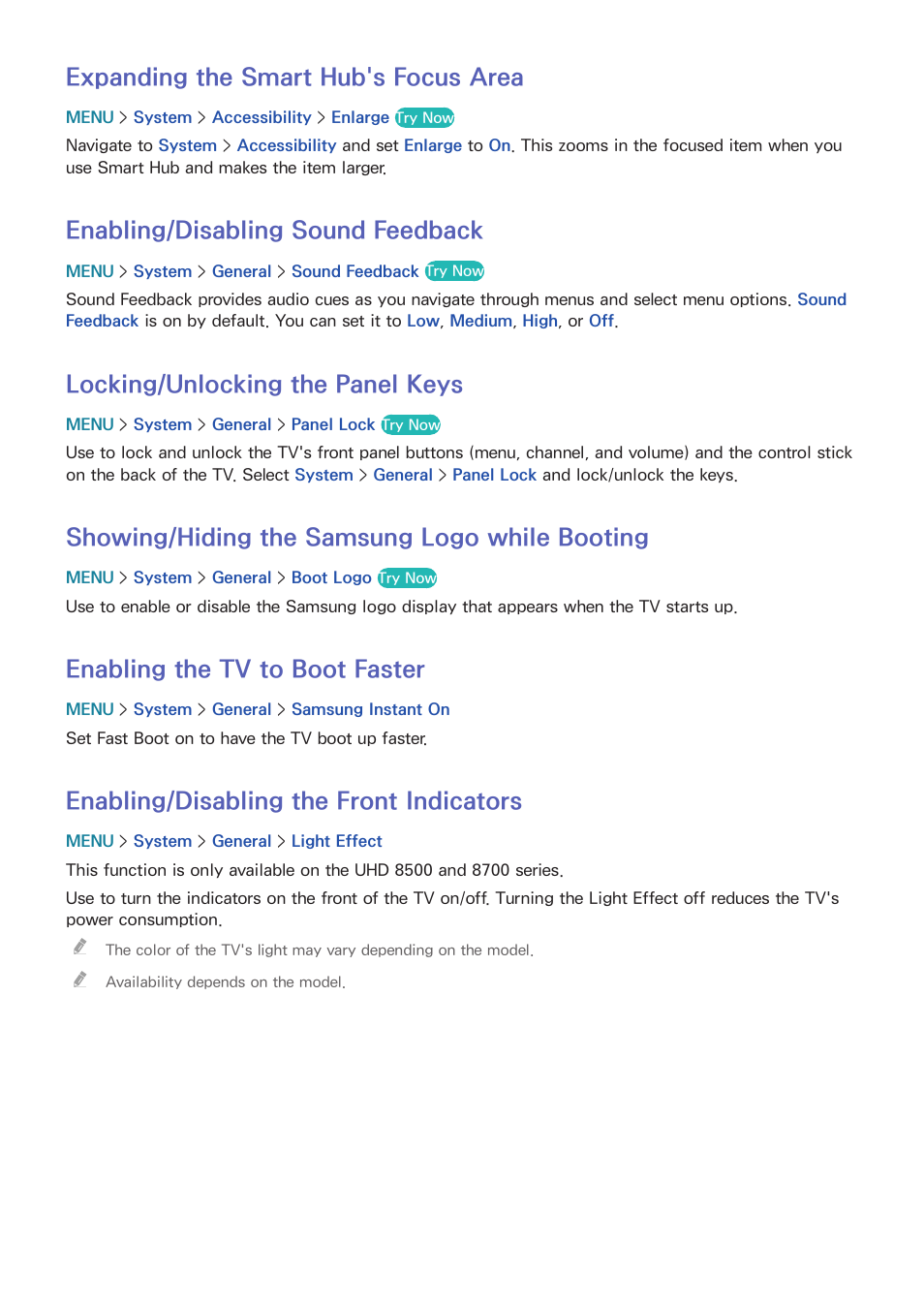 179 expanding the smart hub's focus area, 179 enabling/disabling sound feedback, 179 locking/unlocking the panel keys | 179 showing/hiding the samsung logo while booting, 179 enabling the tv to boot faster, 179 enabling/disabling the front indicators, Expanding the smart hub's focus area, Enabling/disabling sound feedback, Locking/unlocking the panel keys, Showing/hiding the samsung logo while booting | Samsung UN55HU7200FXZA User Manual | Page 185 / 230