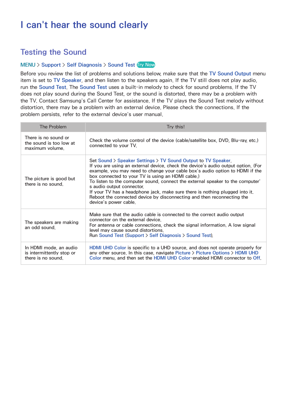 I can't hear the sound clearly, 187 testing the sound, Testing the sound | Samsung UN55HU7200FXZA User Manual | Page 193 / 230