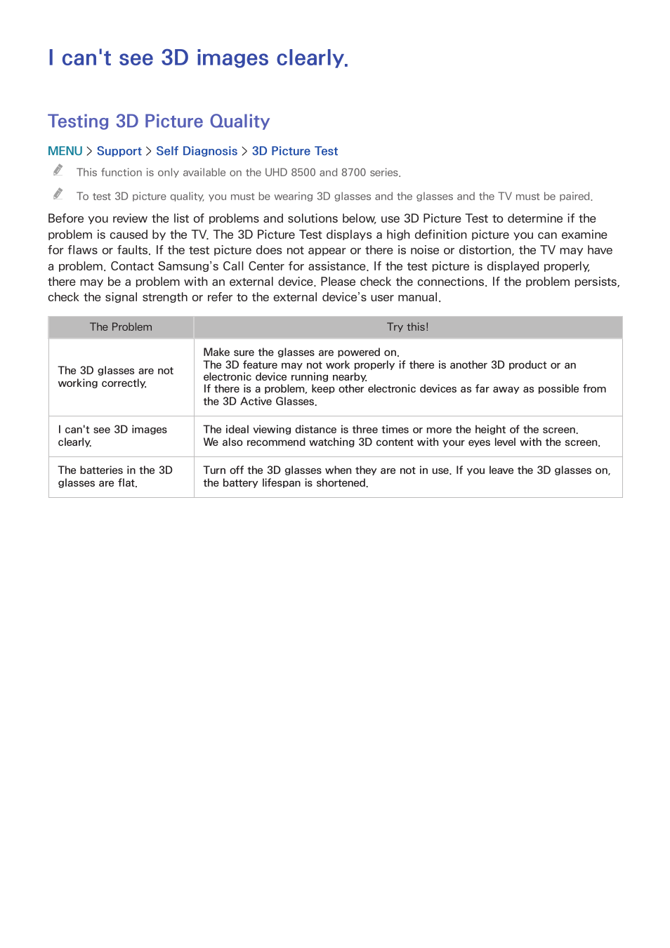 I can't see 3d images clearly, 188 testing 3d picture quality, Testing 3d picture quality | Samsung UN55HU7200FXZA User Manual | Page 194 / 230