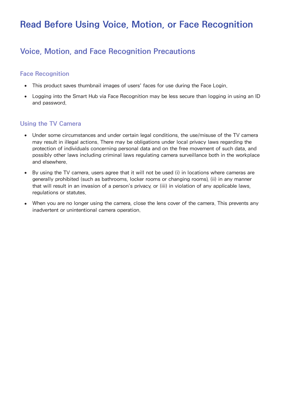 Voice, motion, and face recognition precautions | Samsung UN55HU7200FXZA User Manual | Page 210 / 230