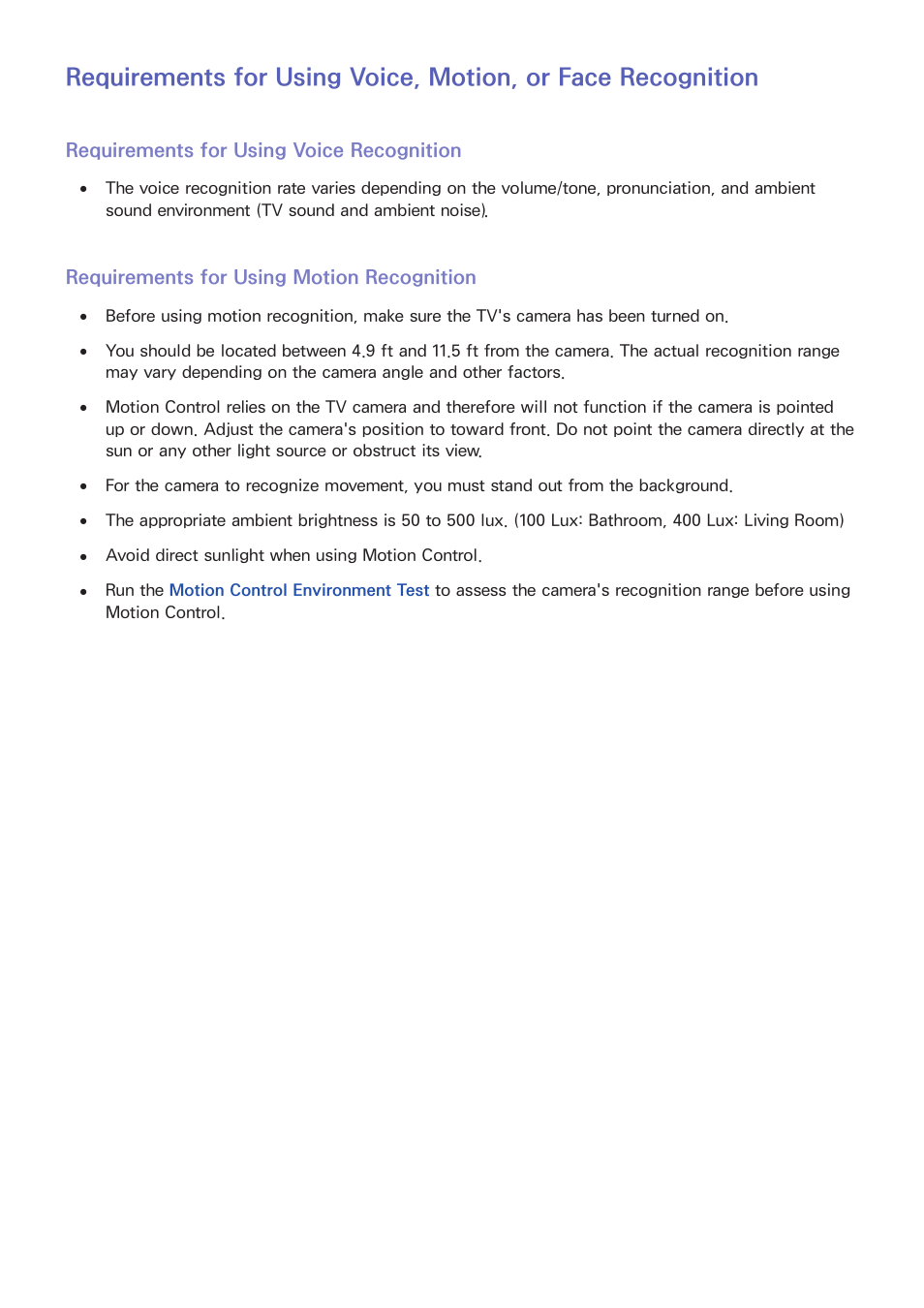 206 requirements for using voice, motion, or face, Recognition, Requirements for using voice recognition | Requirements for using motion recognition | Samsung UN55HU7200FXZA User Manual | Page 212 / 230