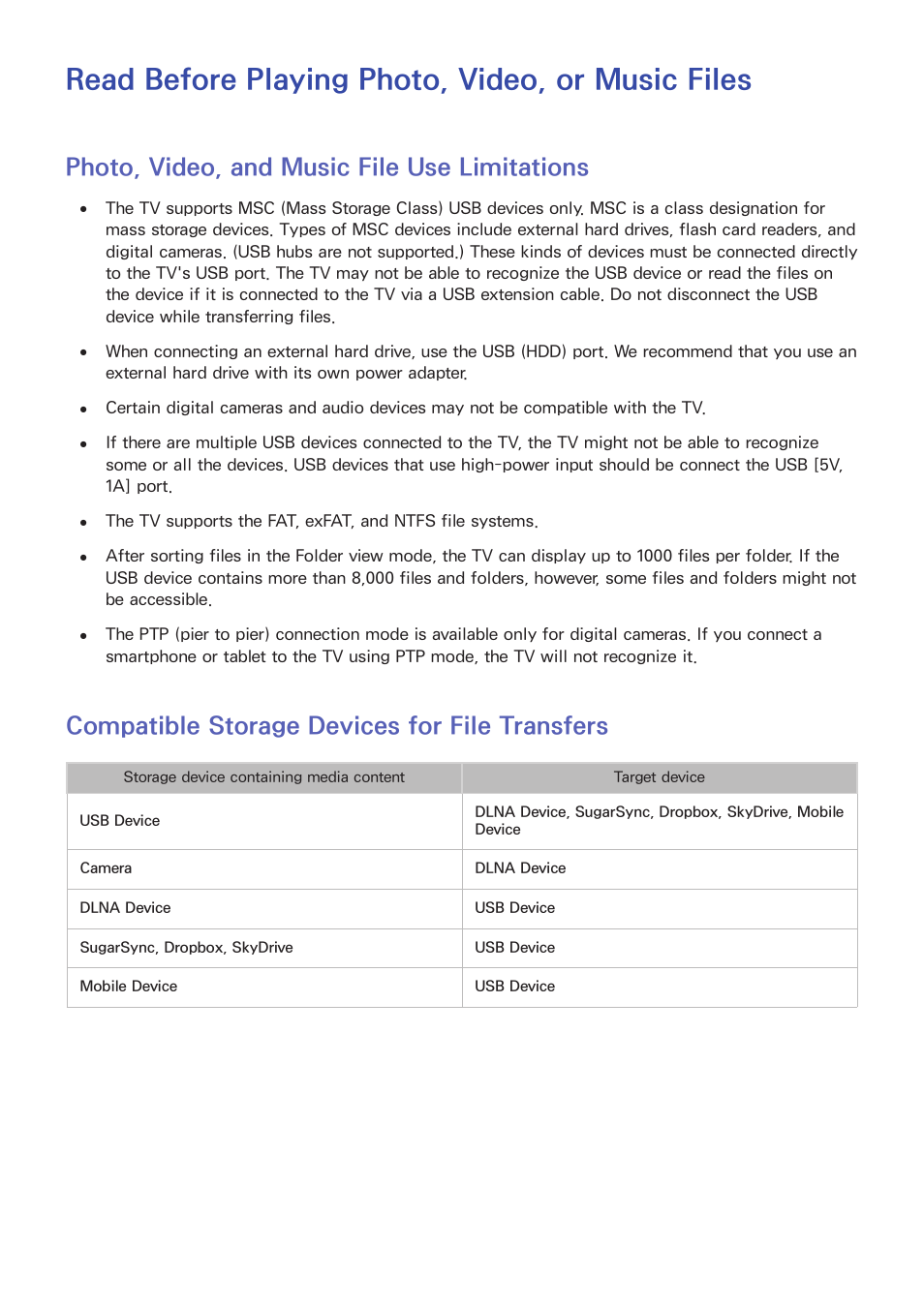 Read before playing photo, video, or music files, 211 photo, video, and music file use limitations, 211 compatible storage devices for file transfers | Photo, video, and music file use limitations, Compatible storage devices for file transfers | Samsung UN55HU7200FXZA User Manual | Page 217 / 230