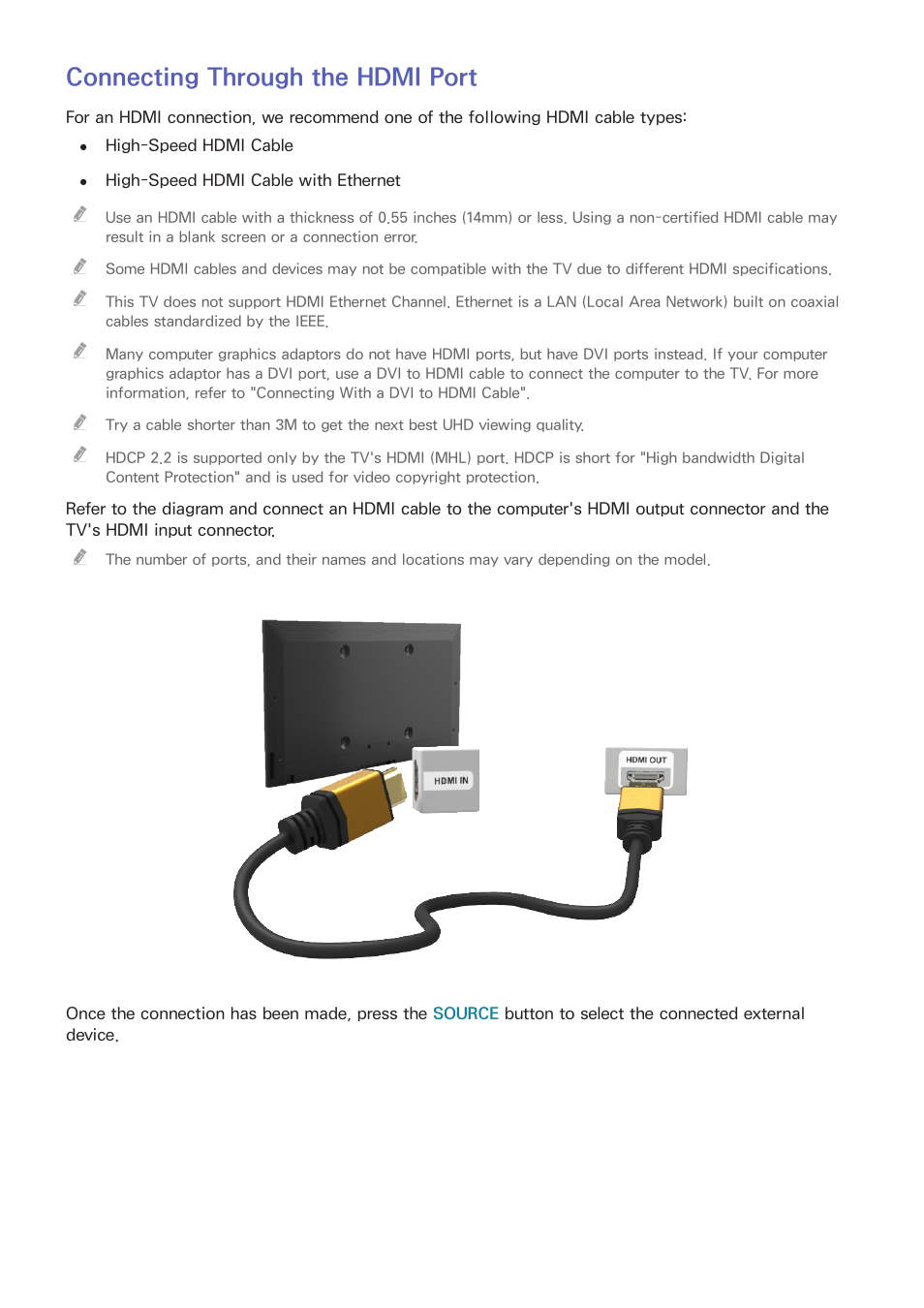 Connecting through the hdmi port | Samsung UN55HU7200FXZA User Manual | Page 22 / 230