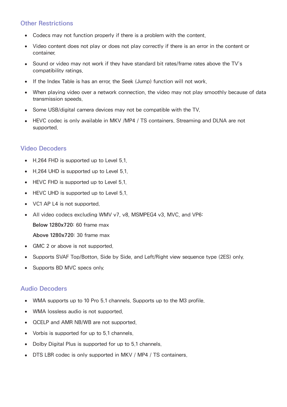 Other restrictions, Video decoders, Audio decoders | Samsung UN55HU7200FXZA User Manual | Page 221 / 230