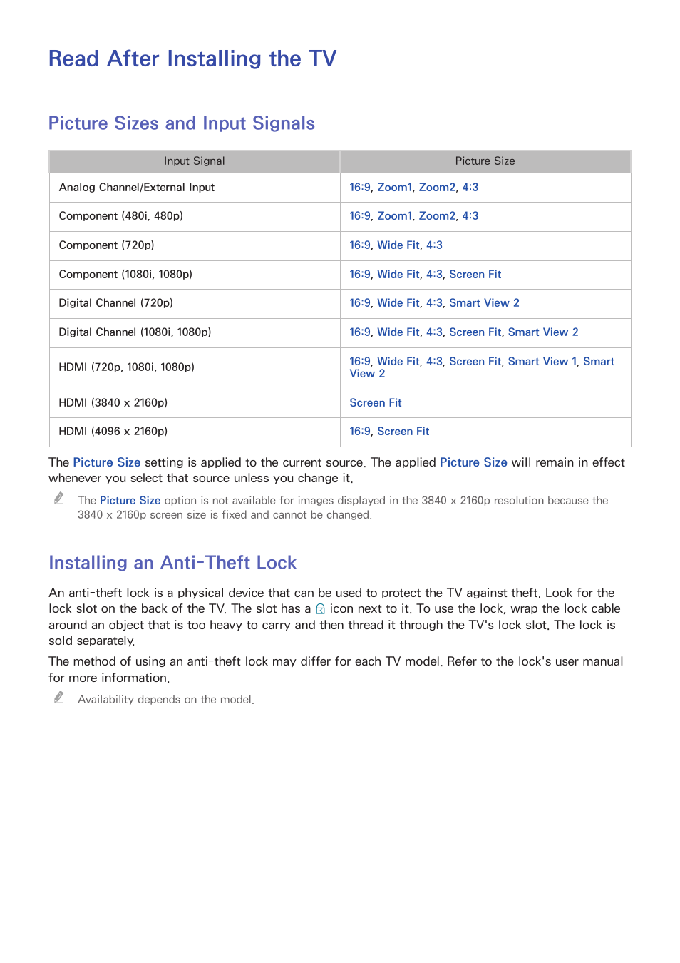 Read after installing the tv, 216 picture sizes and input signals, 216 installing an anti-theft lock | Picture sizes and input signals, Installing an anti-theft lock | Samsung UN55HU7200FXZA User Manual | Page 222 / 230