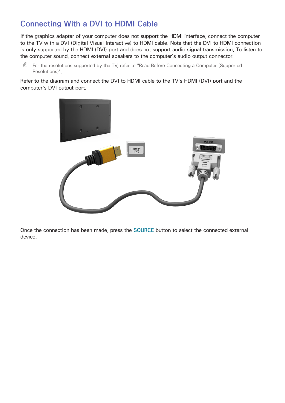 Connecting with a dvi to hdmi cable | Samsung UN55HU7200FXZA User Manual | Page 23 / 230