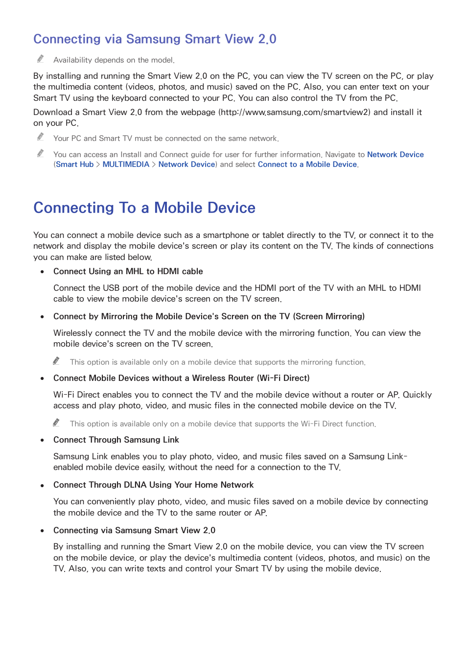 Connecting via samsung smart view 2.0, Connecting to a mobile device | Samsung UN55HU7200FXZA User Manual | Page 25 / 230