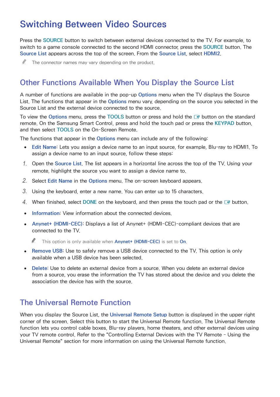 Switching between video sources, List, 25 the universal remote function | The universal remote function | Samsung UN55HU7200FXZA User Manual | Page 31 / 230