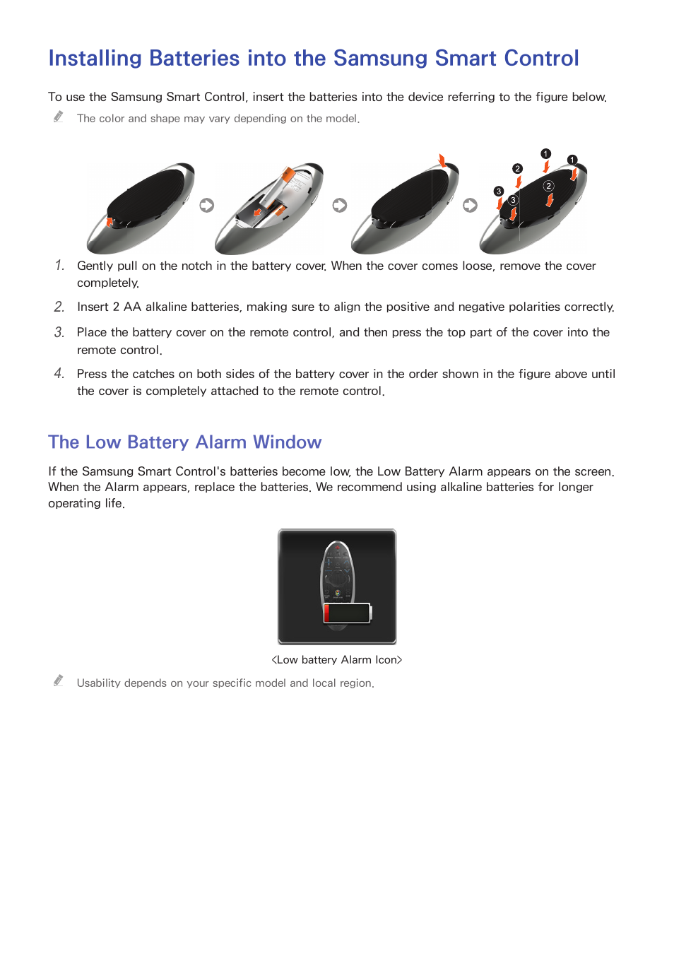 Using the remote control and peripherals, 26 the low battery alarm window, The low battery alarm window | Samsung UN55HU7200FXZA User Manual | Page 32 / 230