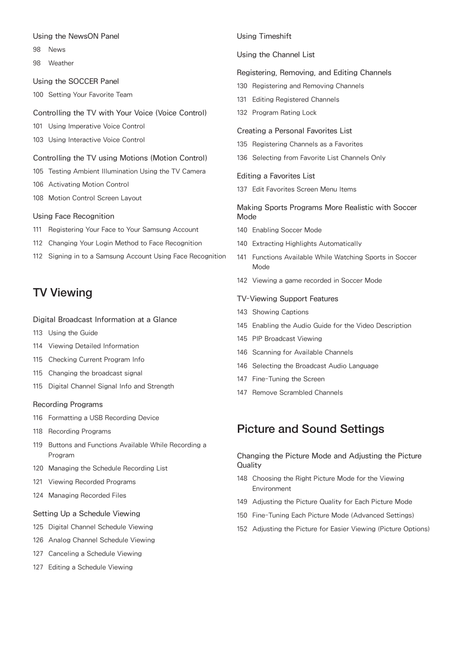 Tv viewing, Picture and sound settings | Samsung UN55HU7200FXZA User Manual | Page 4 / 230