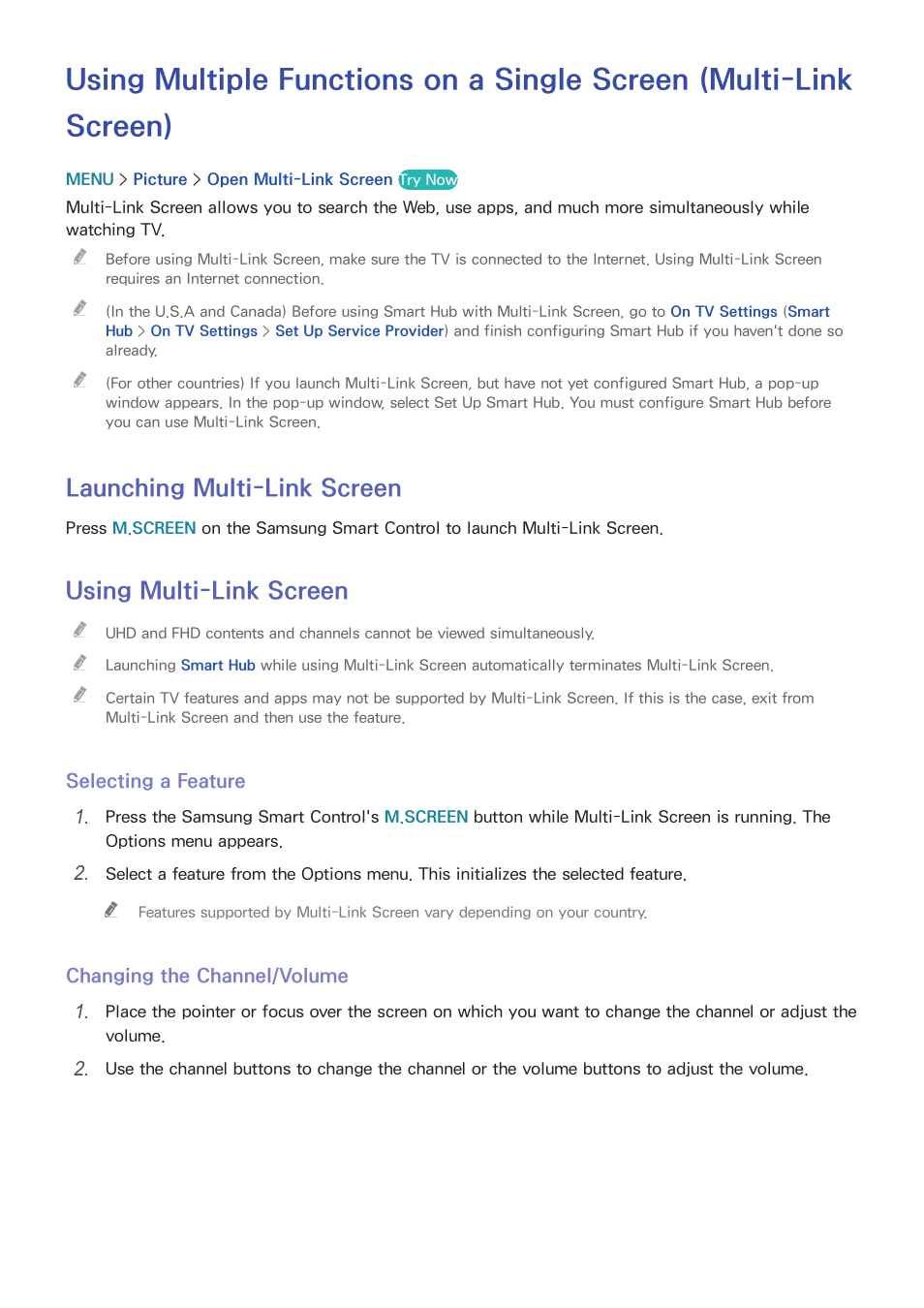 Smart features, 54 launching multi-link screen, 54 using | Multi-link screen, Launching multi-link screen, Using multi-link screen | Samsung UN55HU7200FXZA User Manual | Page 60 / 230