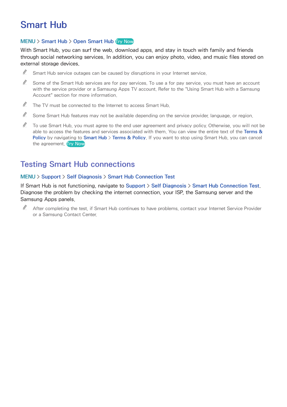 Smart hub, 56 testing smart hub connections, Testing smart hub connections | Samsung UN55HU7200FXZA User Manual | Page 62 / 230