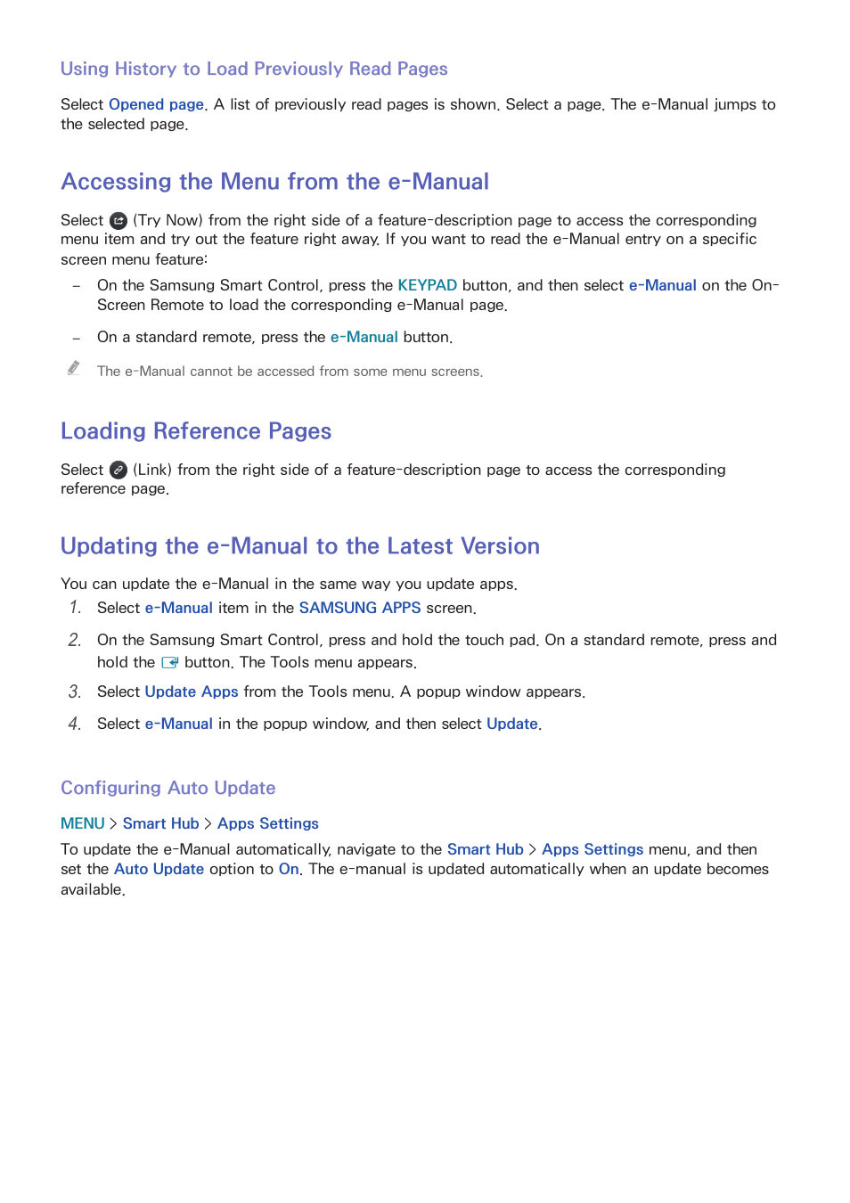 73 accessing the menu from the e-manual, 73 updating the e-manual to the latest version, Accessing the menu from the e-manual | Loading reference pages, Updating the e-manual to the latest version | Samsung UN55HU7200FXZA User Manual | Page 79 / 230