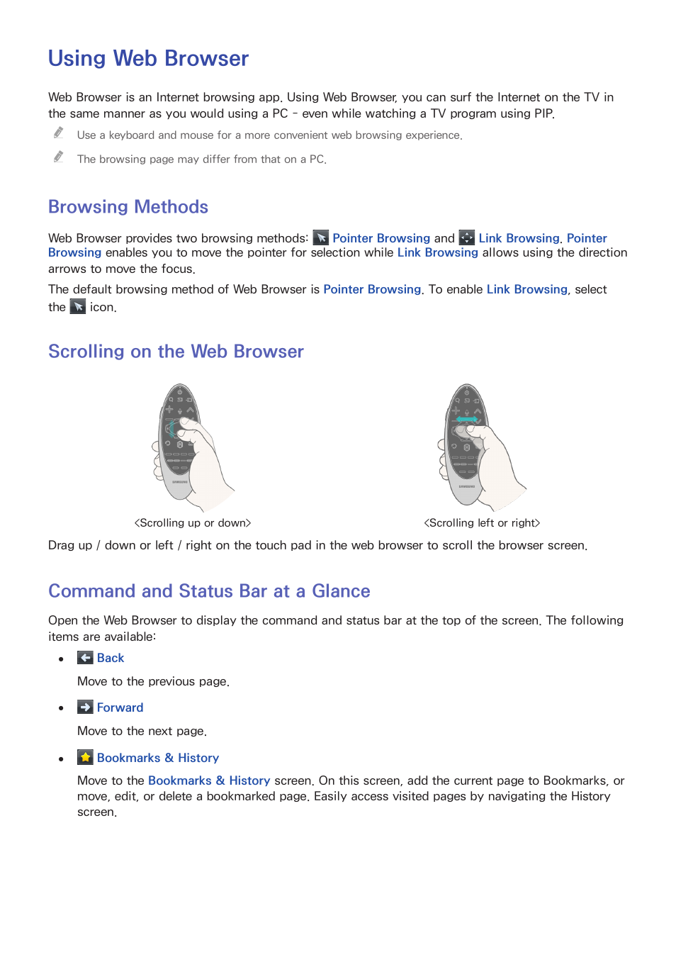 Using web browser, 74 browsing methods, 74 scrolling on the web browser | 74 command and status bar at a glance, Browsing methods, Scrolling on the web browser, Command and status bar at a glance | Samsung UN55HU7200FXZA User Manual | Page 80 / 230
