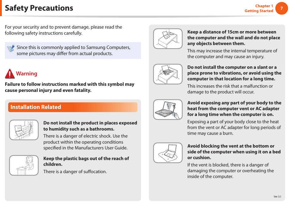 Safety precautions, Installation related, Warning | Samsung NP900X4D-A04US User Manual | Page 8 / 129