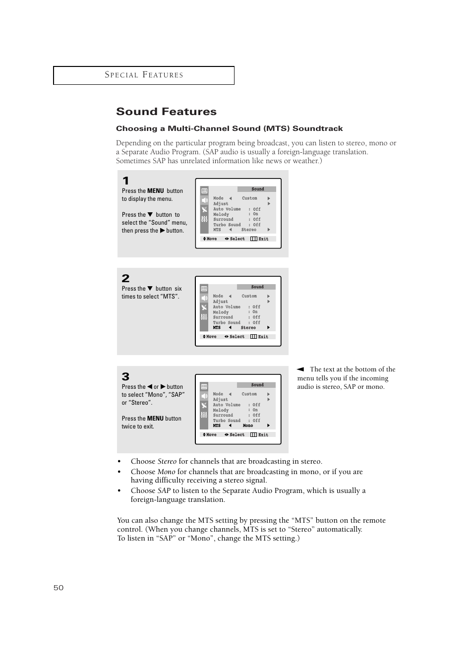 Sound features | Samsung TXN2734FX-XAA User Manual | Page 50 / 59