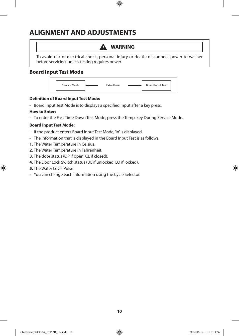 Alignment and adjustments, Board input test mode, Warning | Samsung WF435ATGJWR-A1 User Manual | Page 10 / 60